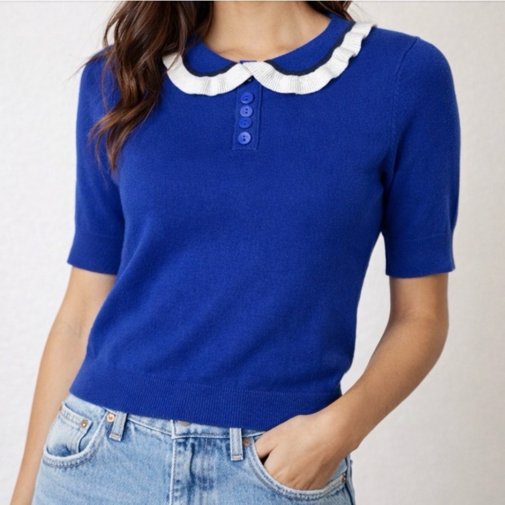 ModCloth Blue Peter Pan Ruffle Collar Short Sleeve  Knit Blouse Top Size Small